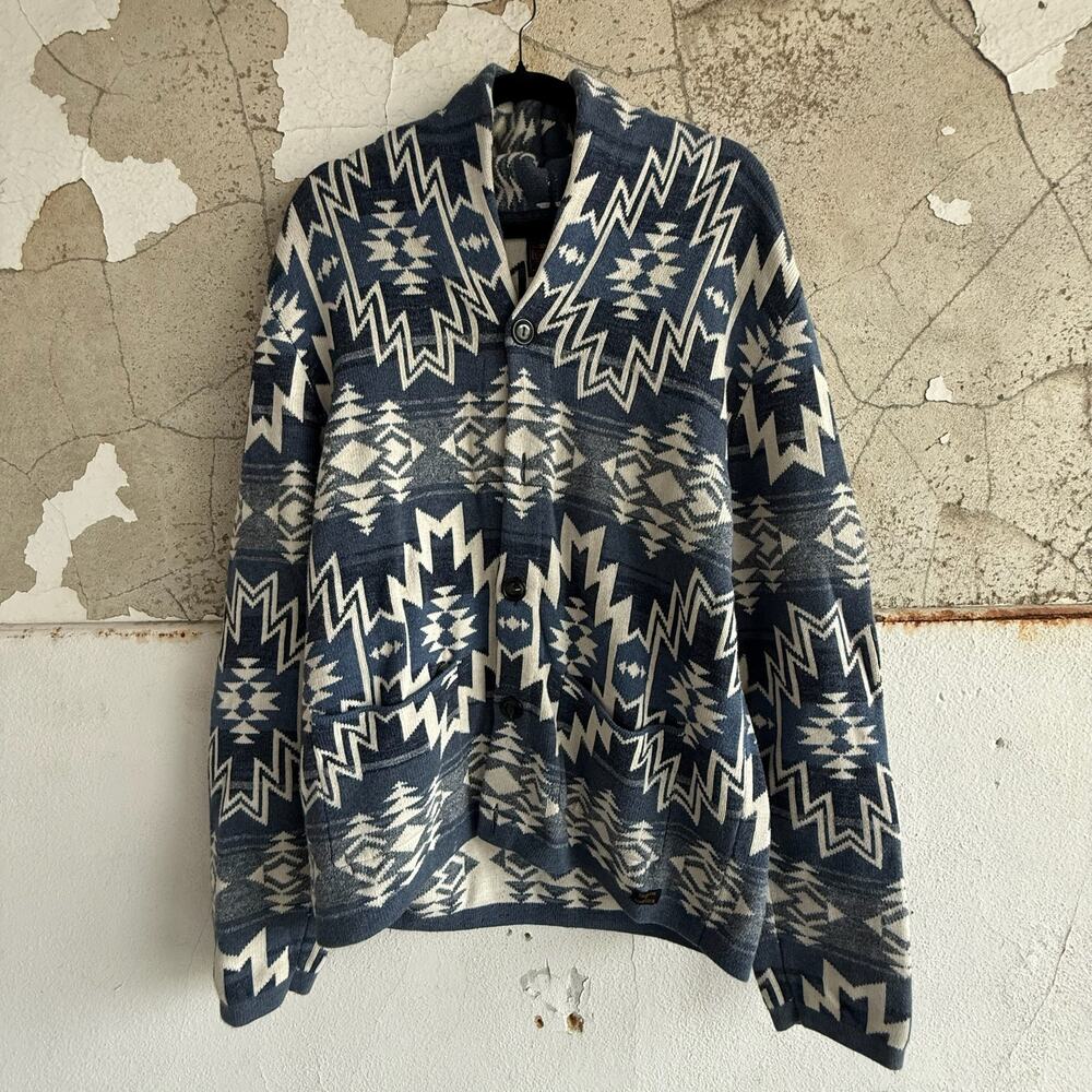 Lucky Brand Southwestern Cardigan Sweater‎ Cotton Blue Cream Geometric Knit L